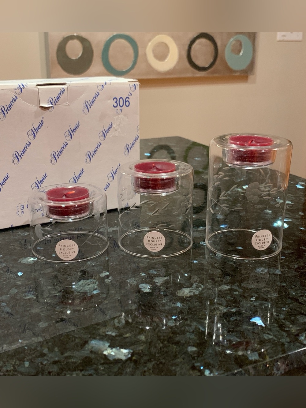 Princess House #306 Crystal Tealight Candle Holders Set of 3 Etched Floral Box
